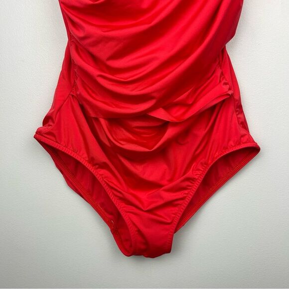 Badgley Mischka One Piece Wide Strap Swimsuit Red Ruched Sweetheart Crossover 8 - Picture 3 of 14